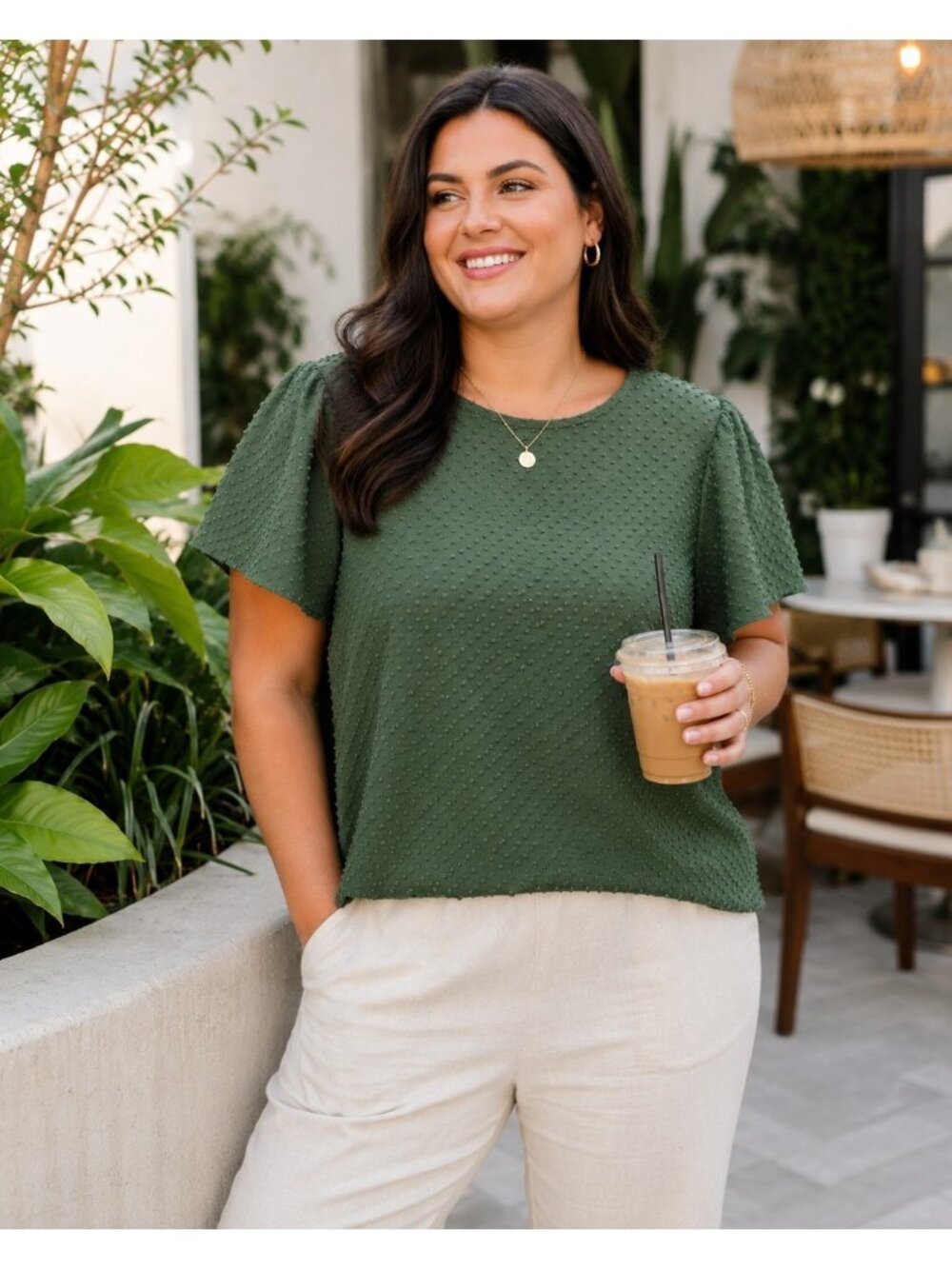 J.Crew Olive Green Swiss Dot Flutter Sleeve Blouse Top Women's Large L